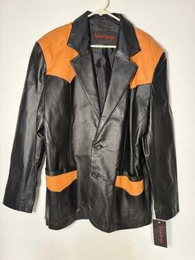 NEW Vintage Leather Two Tone Color Block Blazer Jacket Western 80s 90s Large